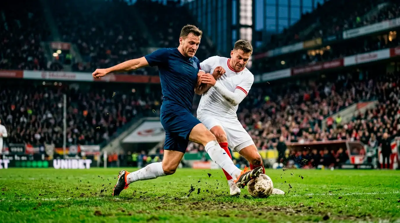 Fußballspieler im Zweikampf auf Bundesliga-Rasen bei Flutlicht