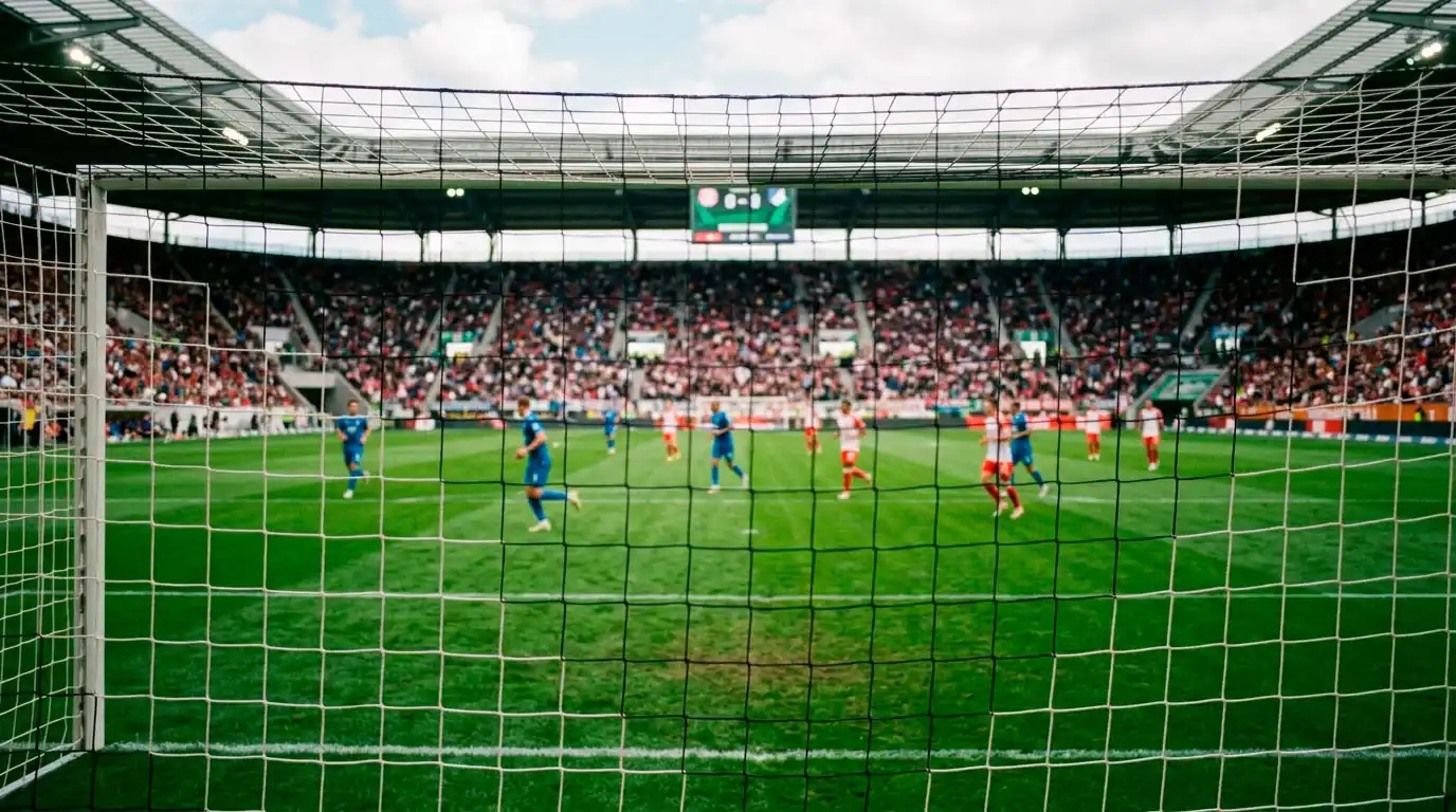 Blick in ein Bundesliga-Stadion mit vollen Rängen und Anzeigetafel