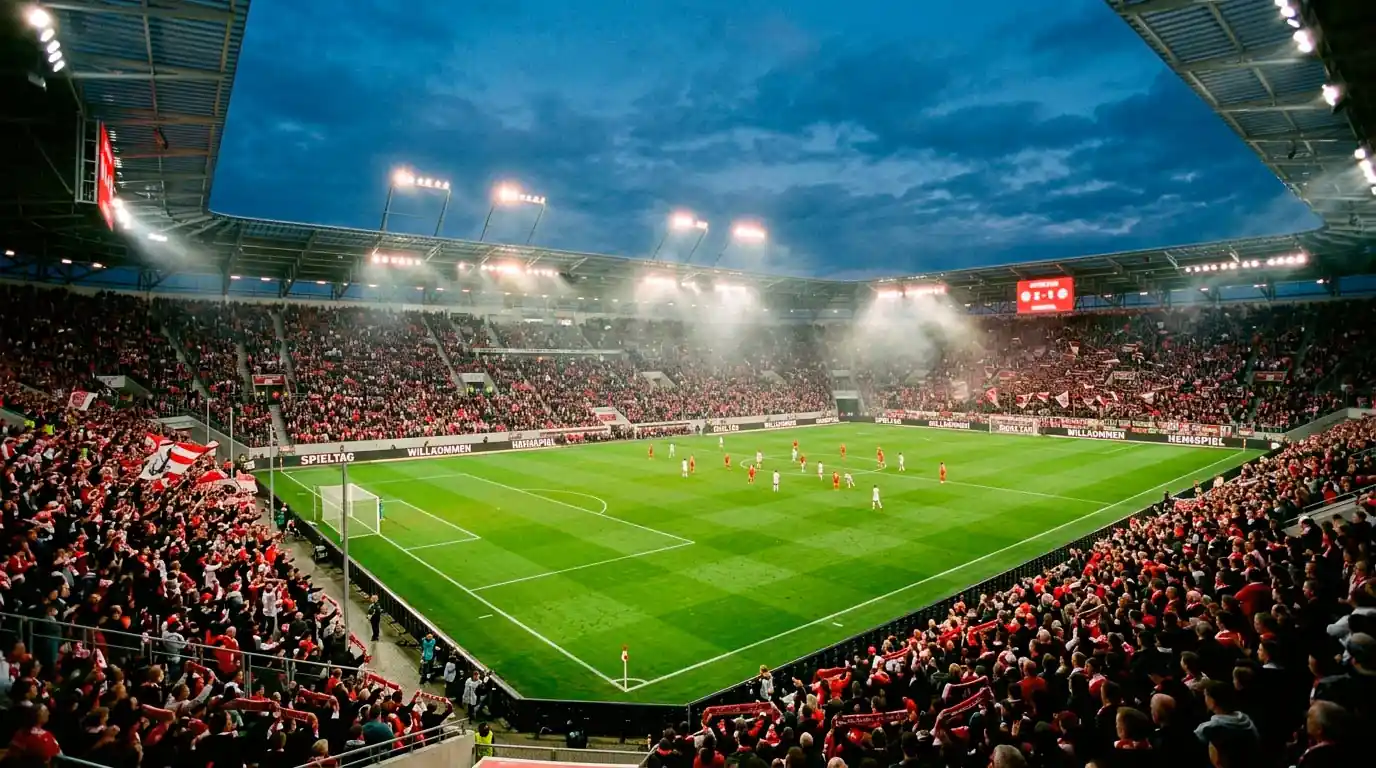 Bundesliga-Stadion an einem Spieltag mit voller Zuschauertribüne
